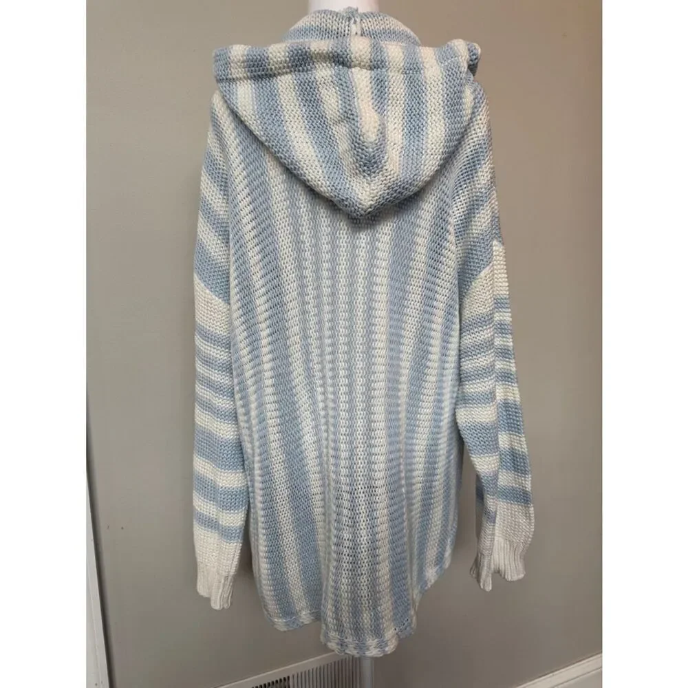 Vintage Havana Blue & White Striped Hooded Knit Sweater with Pink Script